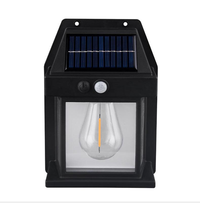 Light fixture with solar panel, rechargeable battery, and motion sensor.
