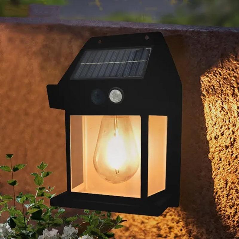 Light fixture with solar panel, rechargeable battery, and motion sensor.